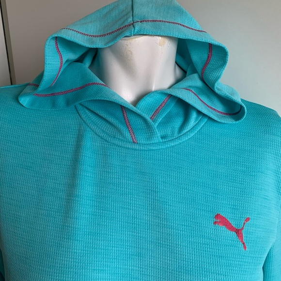 PUMA Dry cell teal long sleeve hooded t-shirt with pouch Women’s medium - Picture 2 of 8